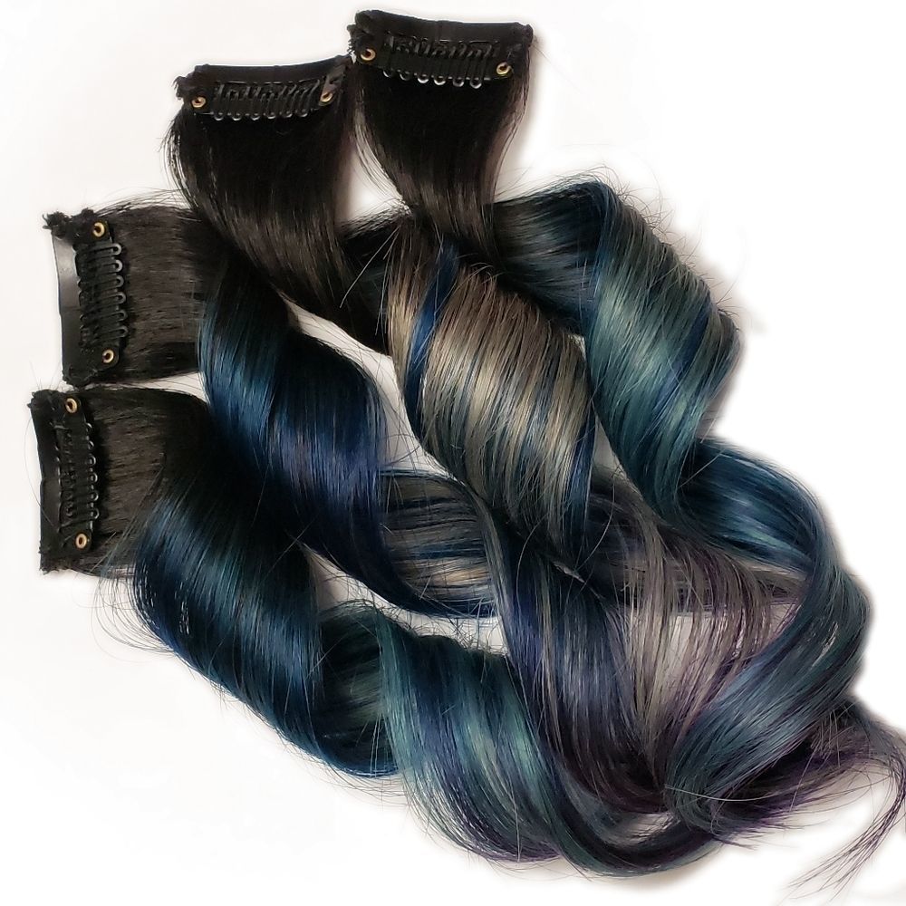 Silver Blue Purple Ombre Hair with Black Root Clip in Remy Human Hair Extensions